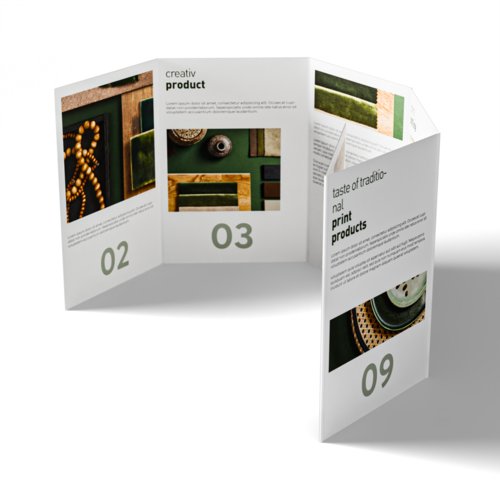 Ein 5-Bruch Wickelfalzflyer im Hochformat mit 12 Seiten.