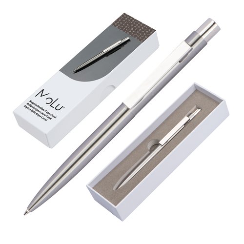 Metallfarbener Kugelschreiber mit Druckknopf und optionaler Geschenkverpackung.