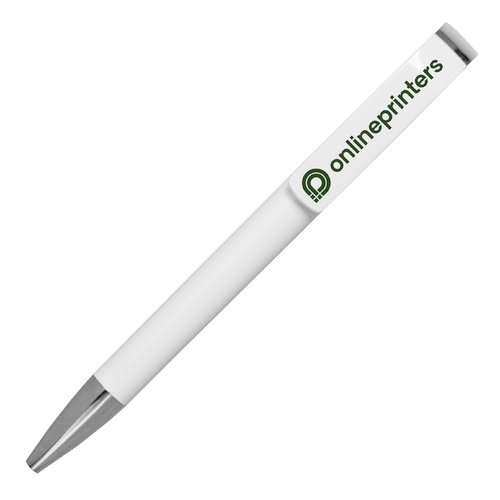 Weier Kugelschreiber mit Metallelementen und Druckmechanismus.
